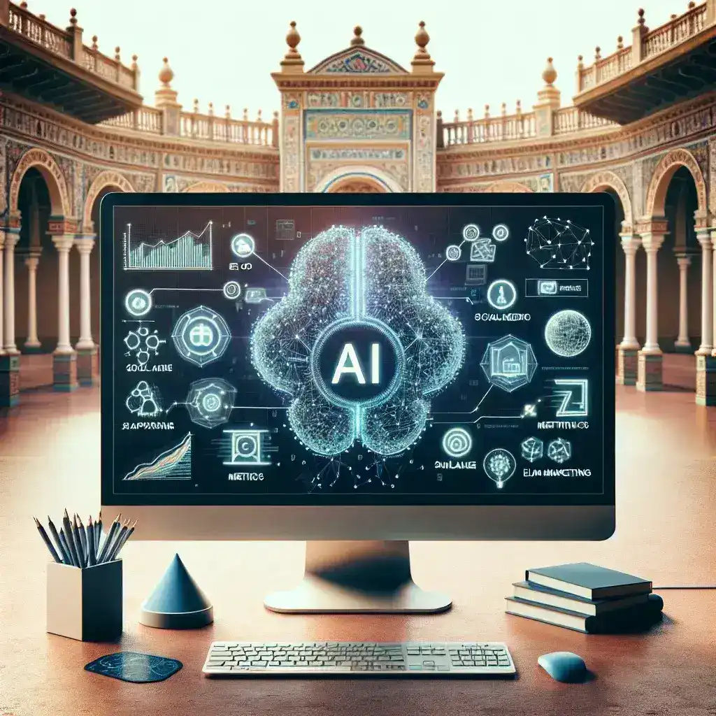 "Regulación de inteligencia artificial en publicidad online en España por la CNMC - Imagen de un concepto digital que representa la intersección de la IA y el marketing en línea."