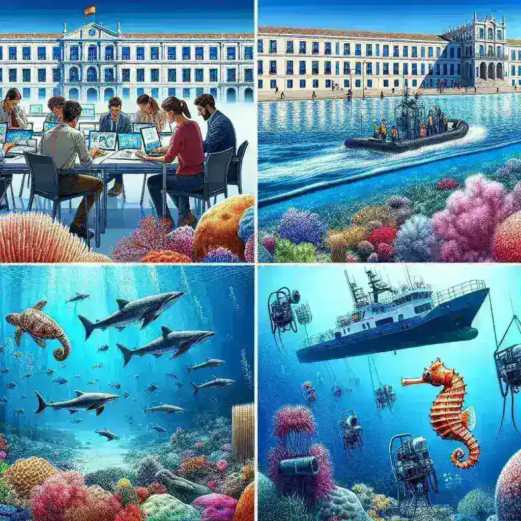 "Estudiantes de universidades españolas trabajando en algoritmos para el análisis de biodiversidad marina, enfocándose en la sostenibilidad y conservación de especies marinas."