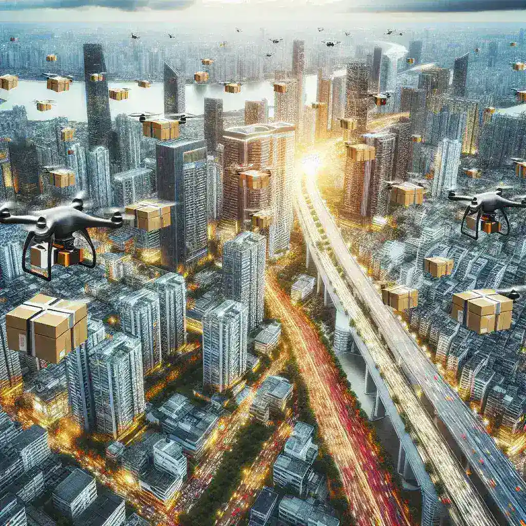 "Drone realizando una entrega rápida en una zona urbana, simbolizando la revolución en la logística moderna y el aumento del uso de drones para mejorar la eficiencia en servicios de entrega."